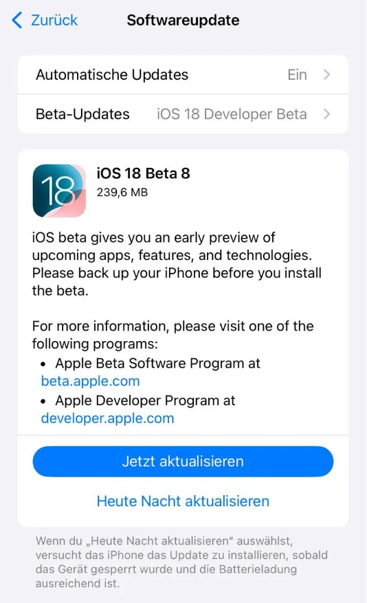 文峰苹果手机维修分享苹果 iOS / iPadOS 18 开发者预览版 Beta 8 发布 